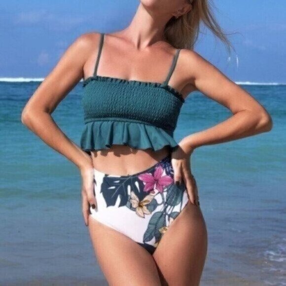 NWT White Green Tropical Palm Print Tankini Set Size XL High Rise Bathing Suit - Picture 1 of 8